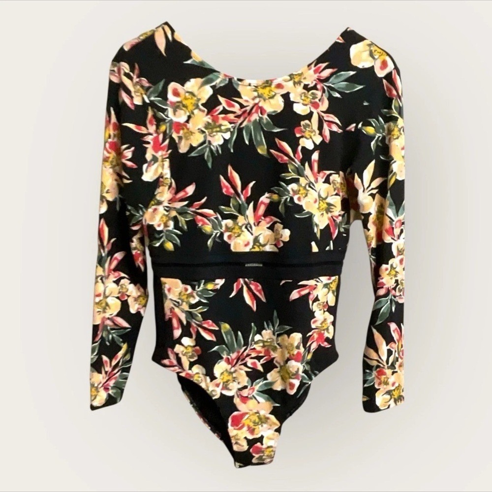 Roxy Garden Surf One Piece Swimsuit Womens Large Black Floral Long Sleeve